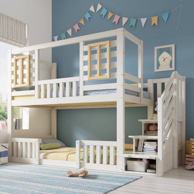 BTM Bunk Beds for Kids Wooden Cabin Bed Storage House Bed Frame in White - Size: Single - image 1