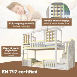 BTM Bunk Beds for Kids Wooden Cabin Bed Storage House Bed Frame in White - Size: Single - thumbnail 5
