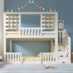 BTM Bunk Beds for Kids Wooden Cabin Bed Storage House Bed Frame in White - Size: Single - thumbnail 7