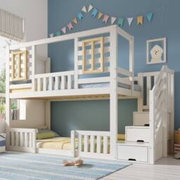 BTM Bunk Beds for Kids Wooden Cabin Bed Storage House Bed Frame in White - Size: Single - thumbnail 8