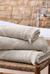 CHRISTY 'Boho' Fringed Jacquard Cotton Towels in Beige - thumbnail 1