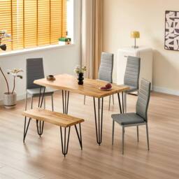 KOSY KOALA Modern Dining Table Set With Bench & 4 Grey Faux Leather Chairs Dining Room Furniture in Brown