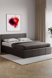 Home Discount Vida Designs Lisbon King Size Ottoman Leather Bed Frame UKFR Fabric in Brown - thumbnail 1