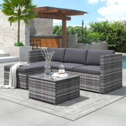 BTM Garden Rattan Corner Sofa Set, Grey, Patio Lounge Furniture in Grey