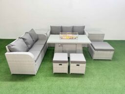 Fimous Outdoor Garden Furniture Sets 9 Seater Wicker Rattan Furniture Sofa Sets w/ Firepit Dining Table high Back Lounge Sofa 3 Stools 2 Side Table - thumbnail 2
