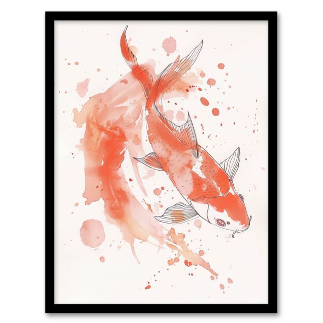 Artery8 Japanese Koi Carp Fish Watercolour Drawing Framed Wall Art in Orange - Size: A4 - image 1