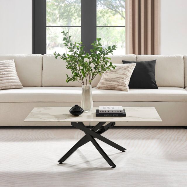 FurnitureboxUK Leonardo Rectangular Marble Effect Glass Top Coffee Table With Black Metal Starburst Legs in White - image 1