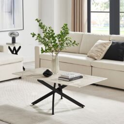 FurnitureboxUK Leonardo Rectangular Marble Effect Glass Top Coffee Table With Black Metal Starburst Legs in White - thumbnail 2