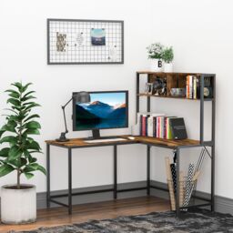 HOMCOM Industrial L-Shaped Work Desk & Storage Shelf Steel Frame in Brown