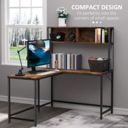 HOMCOM Industrial L-Shaped Work Desk & Storage Shelf Steel Frame in Brown - thumbnail 4