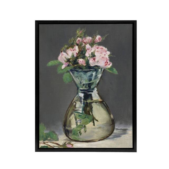 "Artery8 Moss Roses in a Vase Oil Painting Manet Vintage Framed Canvas Wall Art in Grey - Size: W12"" x H16""" - image 1