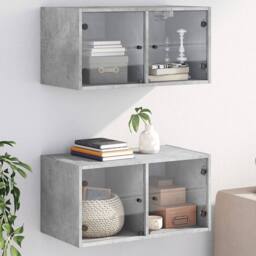 Berkfield Home Wall Cabinets with Glass Doors 2 pcs Concrete Grey 68.5x37x35 cm - thumbnail 2