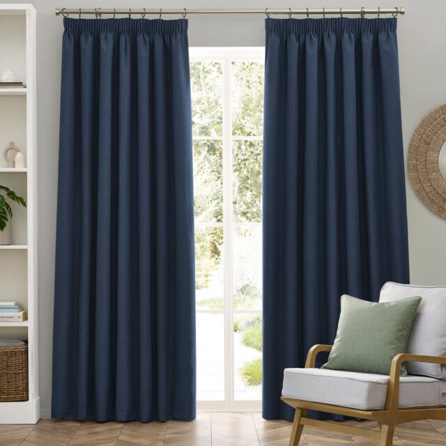 Furn Dawn Blackout Pencil Pleat Curtain Pair in Dark Blue - Size: 117 cm width x 137 cm drop - image 1