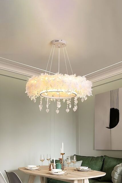 Living and Home Double-Layer Feather LED Chandelier Pendant Light with Crystals in White - image 1