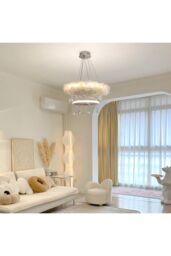 Living and Home Double-Layer Feather LED Chandelier Pendant Light with Crystals in White - thumbnail 5