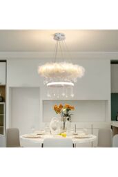 Living and Home Double-Layer Feather LED Chandelier Pendant Light with Crystals in White - thumbnail 4