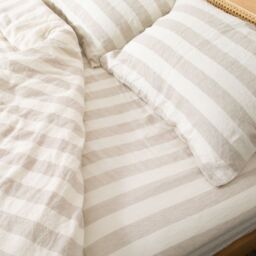 Native Natural Natural Stripes Double 100% Linen Fitted Sheet (140x190cm) in Off-White - Size: Double Fitted