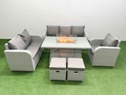 Fimous Patio PE Wicker 8 Seater Outdoor Rattan Furniture Sofa Sets w/ Firepit Dining Table Reclining Chair Loveseat Sofa 3 Seater Sofa Stool Light - thumbnail 2