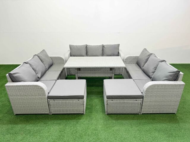 Fimous PE Rattan Lounge Sofa Set 11 Seater Outdoor Garden Furniture Set with Rectangular Dining Table 3 Seater Sofa 2 Big Footstools Light Grey - image 1