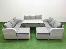 Fimous PE Rattan Lounge Sofa Set 11 Seater Outdoor Garden Furniture Set with Rectangular Dining Table 3 Seater Sofa 2 Big Footstools Light Grey - thumbnail 1