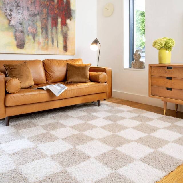 Kukoon Beige Shaggy Checkerboard Checked Living Room Area Rug - Size: 80 cm x 150 cm - image 1