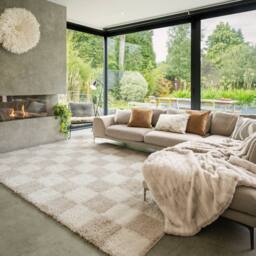 Kukoon Beige Shaggy Checkerboard Checked Living Room Area Rug - Size: 80 cm x 150 cm - thumbnail 4