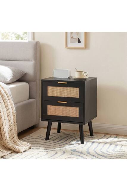 H&O Direct Set of 2 Dual-Drawer Bedside Tables Nightstands in Black - image 1