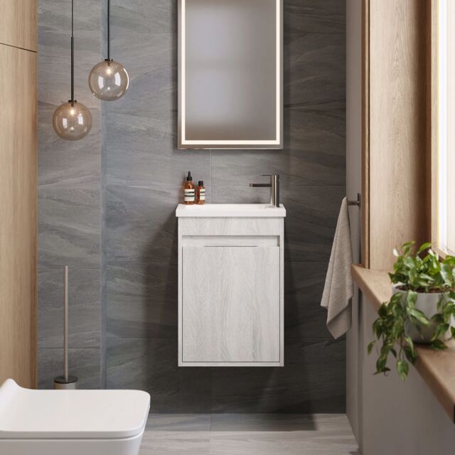 Banyetti Monda 390mm Wall Hung Cloakroom Vanity Unit - White Oak in Light Grey - image 1