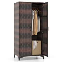 Costway PE Rattan Wardrobe 157 cm Wicker Armoire Closet w/ Hanging Rod in Brown - thumbnail 2