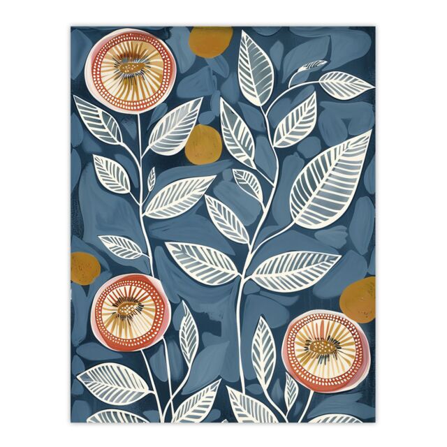 "Artery8 Folk Art Flower Line Patterns Blue Pink Painting Wall Art Print - Size: W24"" x H32""" - image 1