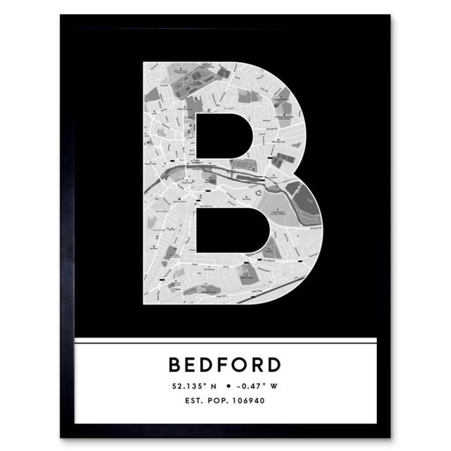 "Wee Blue Coo Wall Art Print Bedford England United Kingdom City Map Modern Typography Stylish Letter Framed Word in Black - Size: W12"" x H16""" - image 1