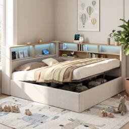 Matteo Daybed L-Shaped Storage Bed Frame with LED & USB - Beige Velvet - Size: Double - thumbnail 3