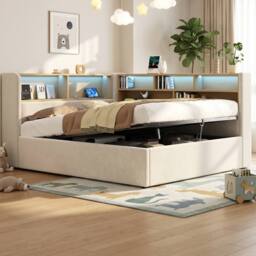 Matteo Daybed L-Shaped Storage Bed Frame with LED & USB - Beige Velvet - Size: Double - thumbnail 2