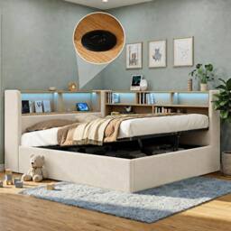 Matteo Daybed L-Shaped Storage Bed Frame with LED & USB - Beige Velvet - Size: Double