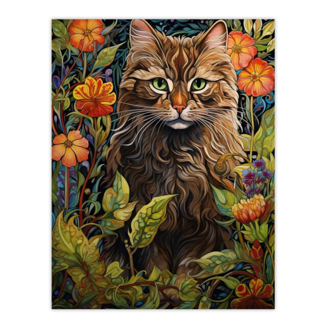 "Artery8 Wall Art Print Cat In Flower Field Blooms Stylised Graphic Painting Colourful Psychedelic Animal Portrait Poster in Green - Size: W18"" x H24""" - image 1