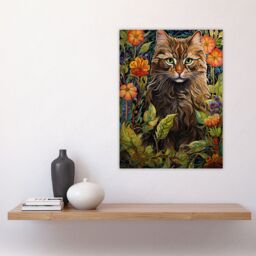 "Artery8 Wall Art Print Cat In Flower Field Blooms Stylised Graphic Painting Colourful Psychedelic Animal Portrait Poster in Green - Size: W18"" x H24""" - thumbnail 4