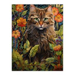 "Artery8 Wall Art Print Cat In Flower Field Blooms Stylised Graphic Painting Colourful Psychedelic Animal Portrait Poster in Green - Size: W18"" x H24""" - thumbnail 1