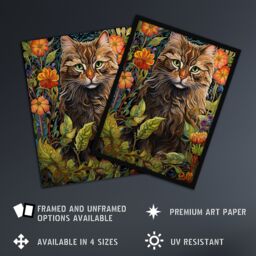 "Artery8 Wall Art Print Cat In Flower Field Blooms Stylised Graphic Painting Colourful Psychedelic Animal Portrait Poster in Green - Size: W18"" x H24""" - thumbnail 2