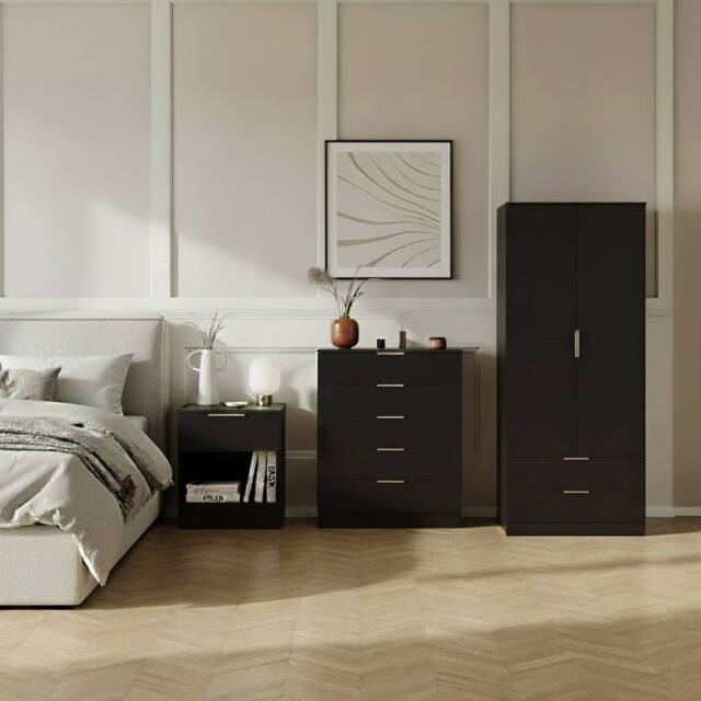 Home Discount Vida Designs Trega 3Pc Bedroom Set(1Dr Bedside, 5Dr Chest, Wardrobe) in Black - image 1
