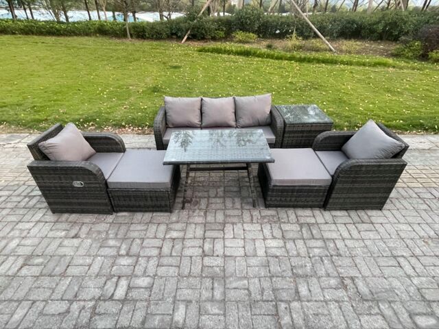 Fimous Outdoor Garden Furniture Sets 7 Pieces Wicker Rattan Furniture Sofa Sets with Rectangular Dining Table 2 Big Footstool in Dark Grey - image 1