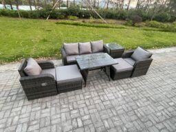 Fimous Outdoor Garden Furniture Sets 7 Pieces Wicker Rattan Furniture Sofa Sets with Rectangular Dining Table 2 Big Footstool in Dark Grey - thumbnail 2
