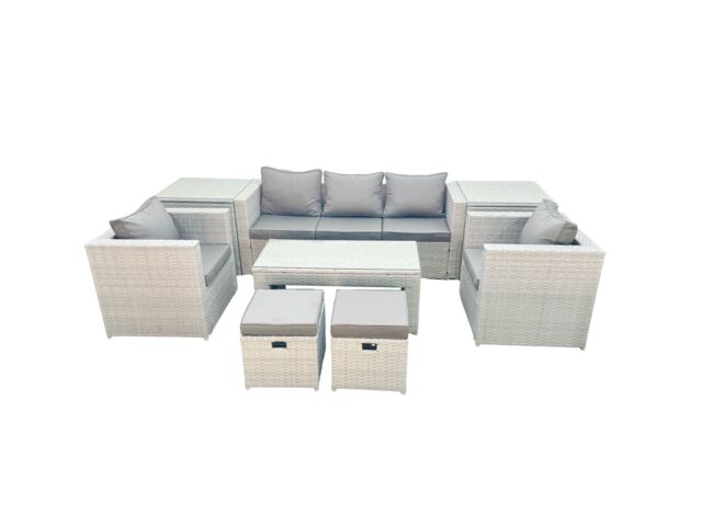 Fimous Rattan Garden Furniture Set 7 Seater Outdoor Garden Sofa Oblong Coffee Table Set with 2 Chairs 2 Stools 2 Side Tables Light Grey Mixed - image 1