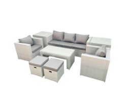 Fimous Rattan Garden Furniture Set 7 Seater Outdoor Garden Sofa Oblong Coffee Table Set with 2 Chairs 2 Stools 2 Side Tables Light Grey Mixed - thumbnail 2