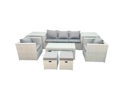 Fimous Rattan Garden Furniture Set 7 Seater Outdoor Garden Sofa Oblong Coffee Table Set with 2 Chairs 2 Stools 2 Side Tables Light Grey Mixed - thumbnail 1