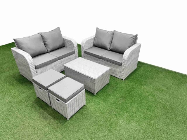 Fimous 6 Seater Outdoor Love Sofa Set Rattan Garden Furniture Set with Rectangular Coffee Table 2 Small Stools Light Grey - image 1