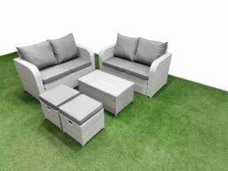 Fimous 6 Seater Outdoor Love Sofa Set Rattan Garden Furniture Set with Rectangular Coffee Table 2 Small Stools Light Grey - thumbnail 2
