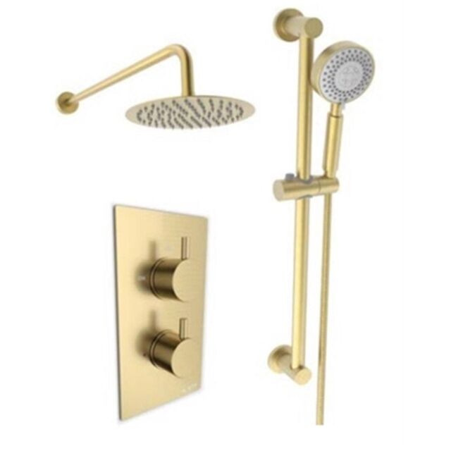 Clifton Brushed Brass Shower with Adjustable Slide Rail Kit & Fixed Drencher in Gold