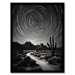 "Artery8 Wall Art Print Moon & Star Time Lapse Trails Stars Tracing Their Journey Across The Sky Desert Cactus Art Framed in Black - Size: W12"" x H16""" - thumbnail 1