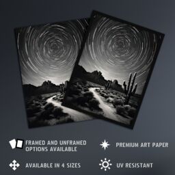 "Artery8 Wall Art Print Moon & Star Time Lapse Trails Stars Tracing Their Journey Across The Sky Desert Cactus Art Framed in Black - Size: W12"" x H16""" - thumbnail 2