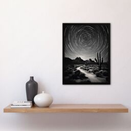 "Artery8 Wall Art Print Moon & Star Time Lapse Trails Stars Tracing Their Journey Across The Sky Desert Cactus Art Framed in Black - Size: W12"" x H16""" - thumbnail 4